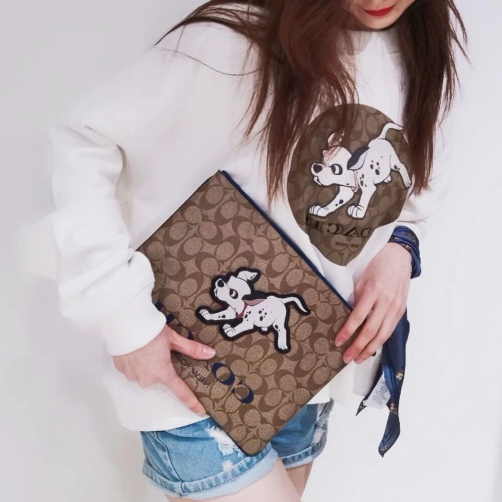 Disney X Coach Large Pouch In Signature Canvas With Dalmatian